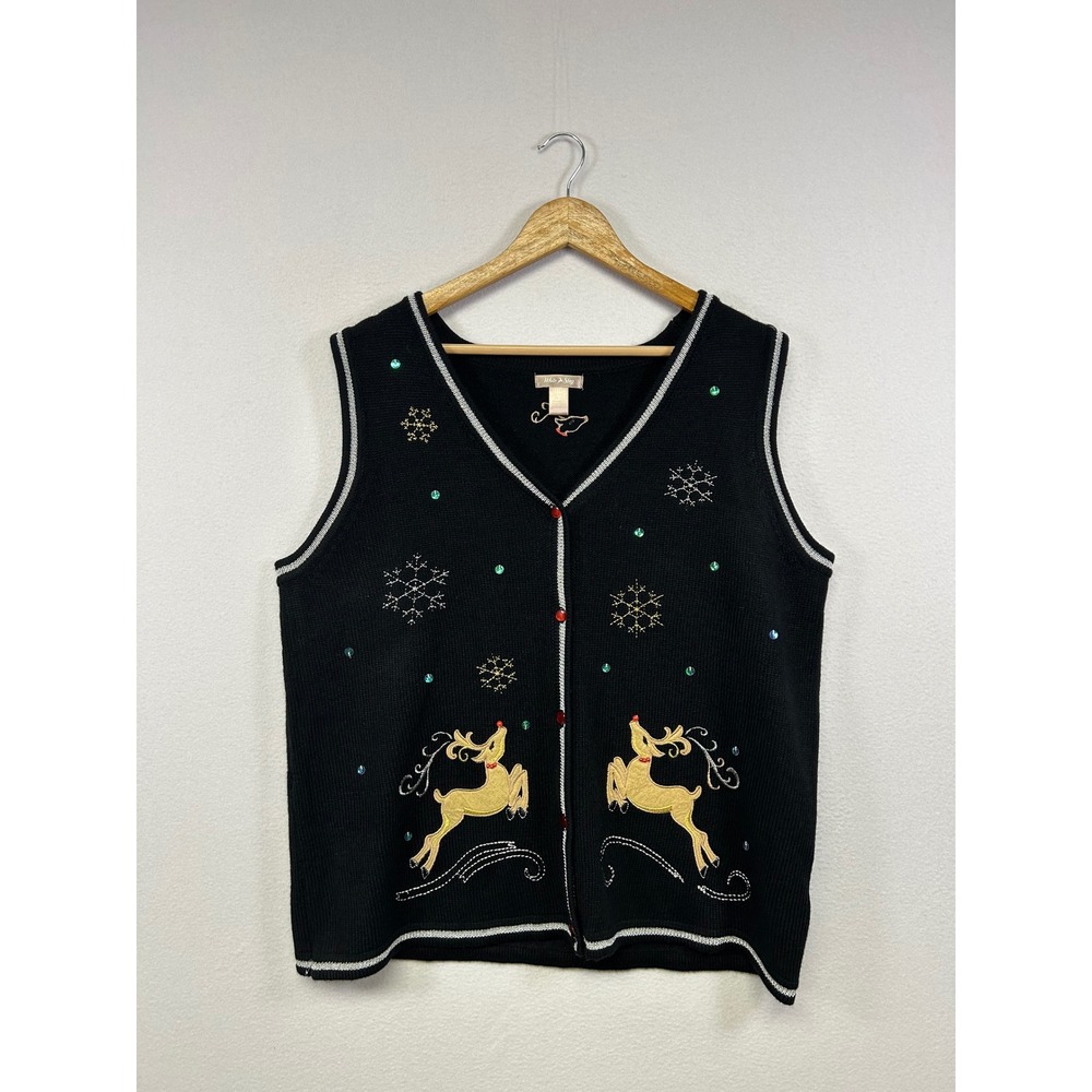 Ugly Christmas Twee White Stag Womens XL Black Reindeer Sequin Knit Sweater Vest